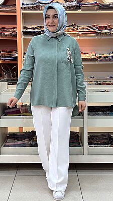 Cep Kapağı Tüy Detaylı Tunik Mint Yeşili/26112 - Thumbnail