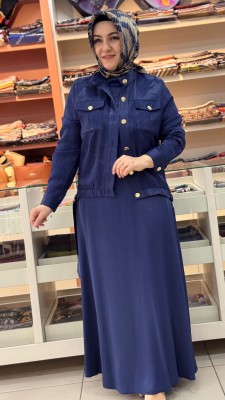 Cep Ve Büzgü Detaylı Ceketli Elbise Lacivert/3013 - Thumbnail