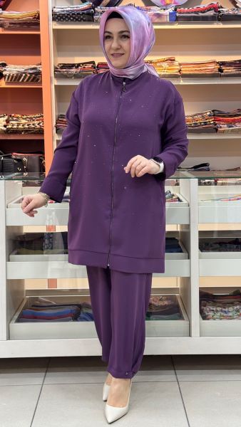 Cep Ve Serpme Taş Detaylı Pantolonlu Takım Mor/6251