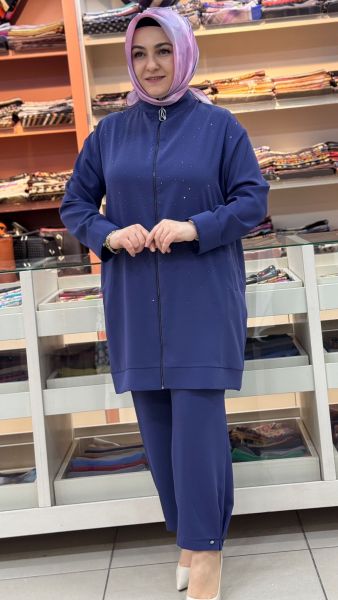 Cep Ve Serpme Taş Detaylı Pantolonlu Takım Lacivert/6251