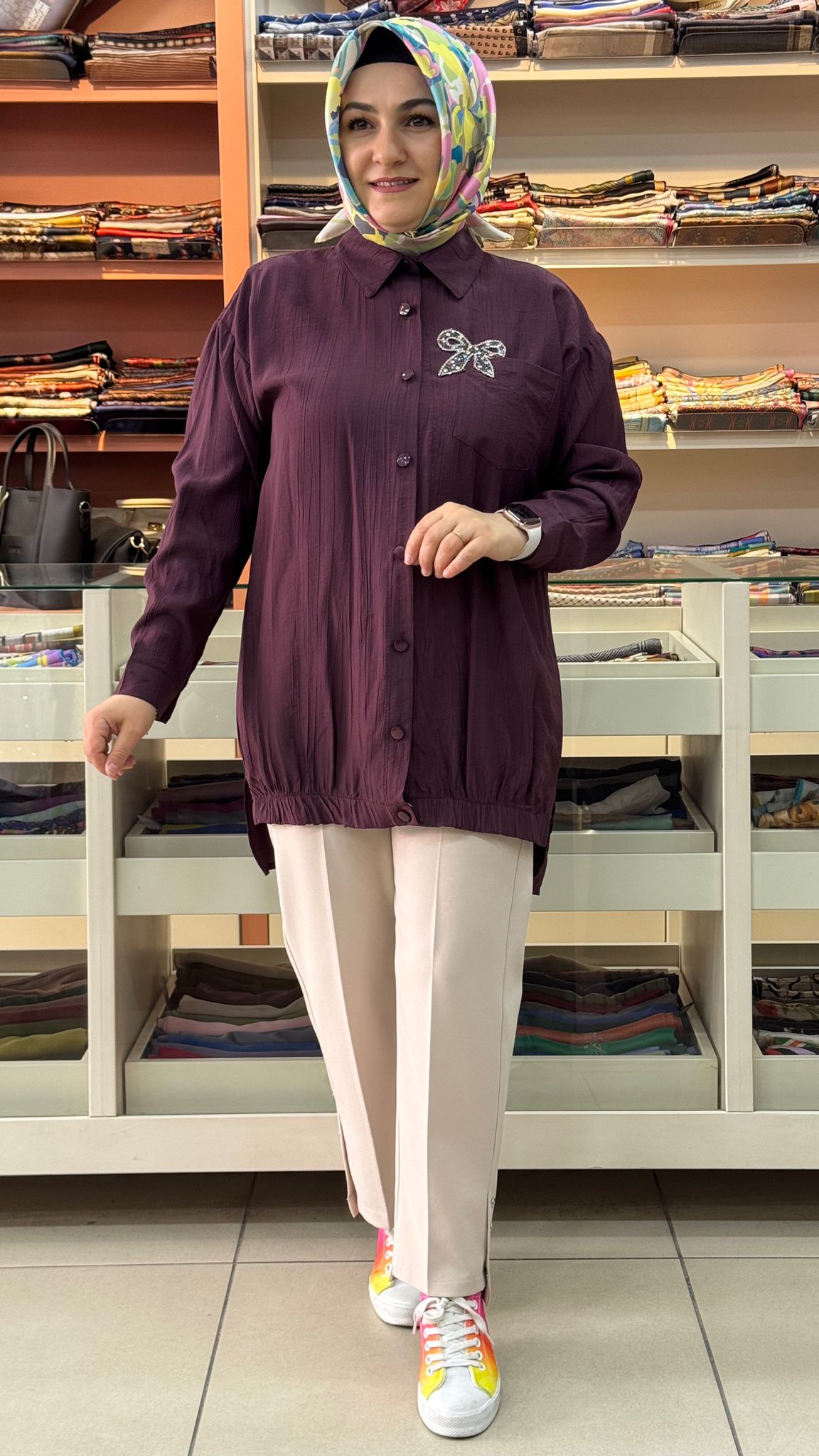 İnza Moda - Cep Ve Taş Detaylı Çilek Kumaş Tunik Mürdüm/1967 