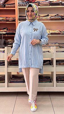 İnza Moda - Cep Ve Taş Detaylı Çilek Kumaş Tunik Mavi/1967 