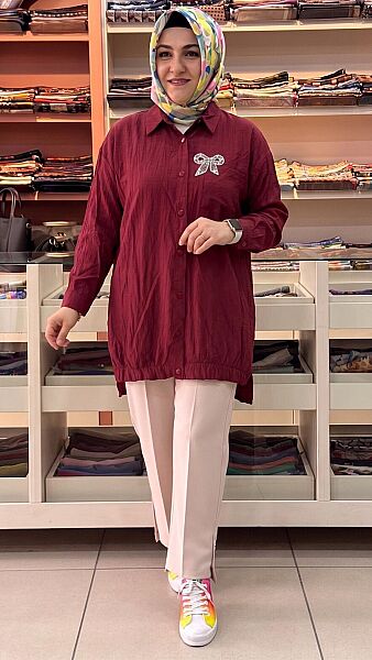 Cep Ve Taş Detaylı Çilek Kumaş Tunik Bordo/1967 