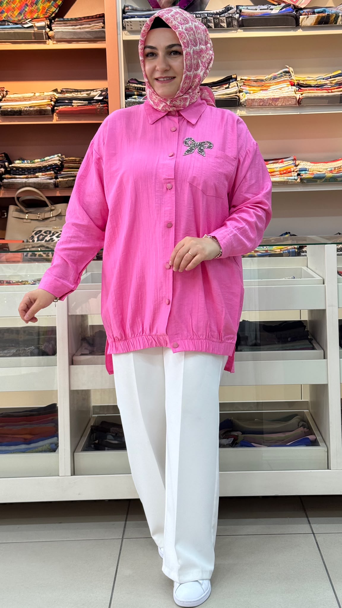İnza Moda - Cep Ve Taş Detaylı Çilek Kumaş Tunik Pembe/1967 