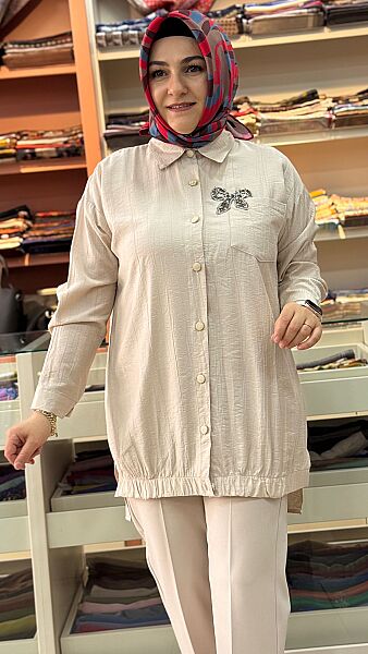 Cep Ve Taş Detaylı Çilek Kumaş Tunik Taş/1967 