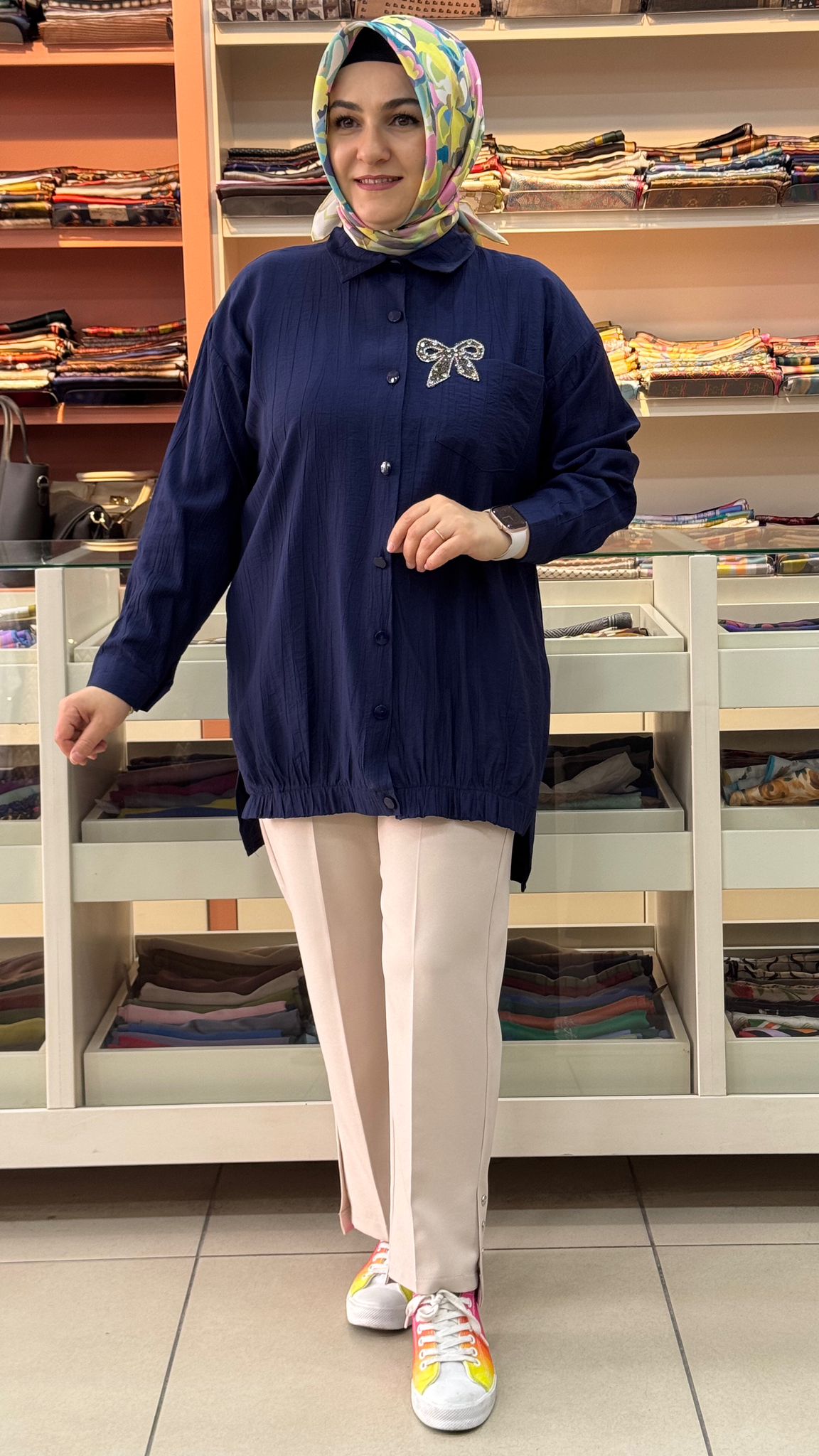 İnza Moda - Cep Ve Taş Detaylı Çilek Kumaş Tunik Lacivert/1967 