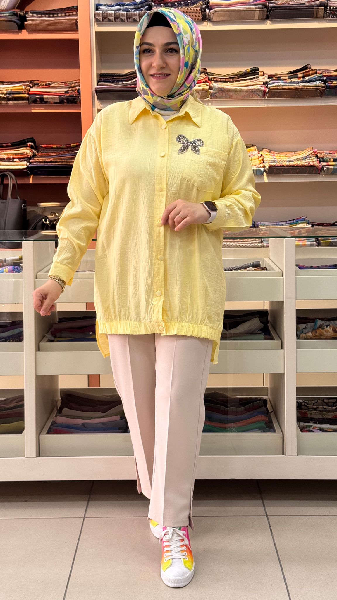 İnza Moda - Cep Ve Taş Detaylı Çilek Kumaş Tunik Sarı/1967 