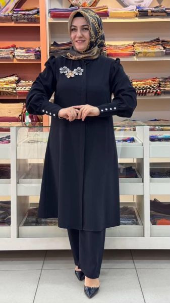 Çiçek Broş Detaylı Takım Siyah/17102