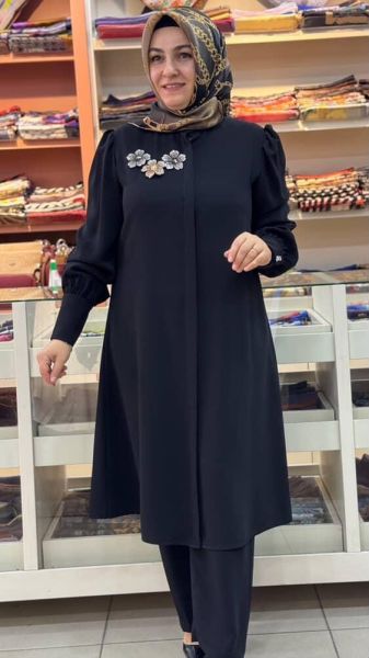 Çiçek Broş Detaylı Takım Siyah/17102