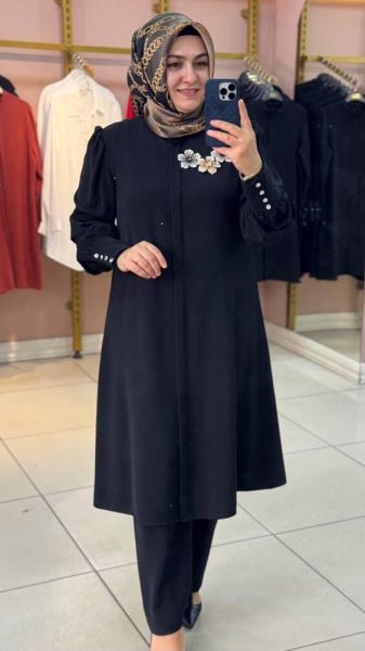 Çiçek Broş Detaylı Takım Siyah/17102