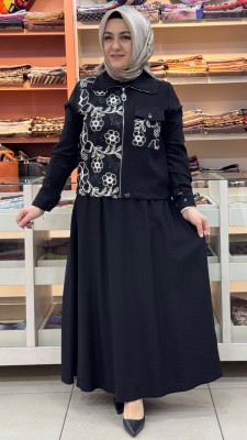 Dua&MisS - Çiçek Cep Detaylı Etekli Takım Siyah/3008
