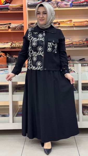 Çiçek Cep Detaylı Etekli Takım Siyah/3008