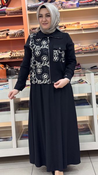 Çiçek Cep Detaylı Etekli Takım Siyah/3008