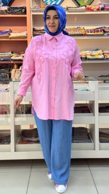 Aynaz - Çiçek Desen Çilek Kumaş Tunik Pembe/170197