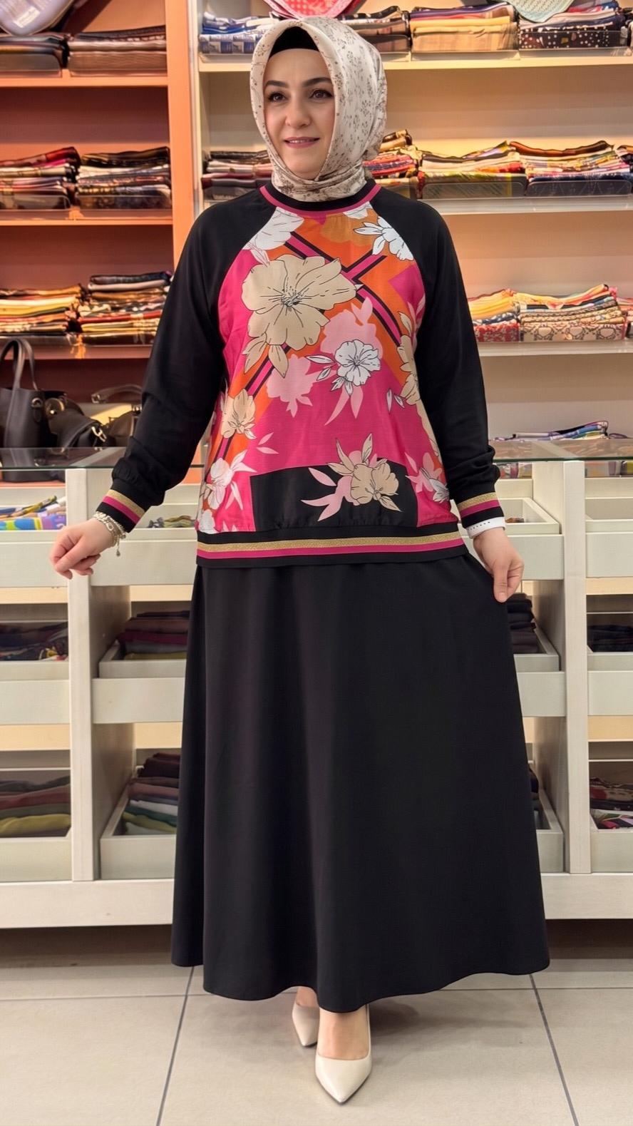 Ahi - Çiçek Desenli Etekli Takım Siyah/2186
