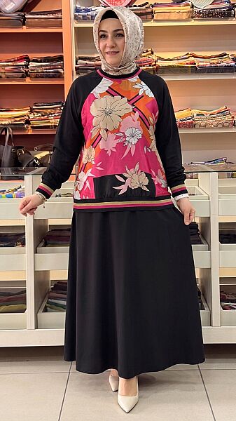 Çiçek Desenli Etekli Takım Siyah/2186