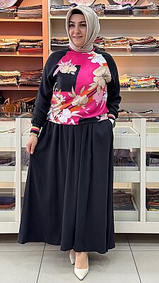 Ahi - Çiçek Desenli Etekli Takım Siyah/2186