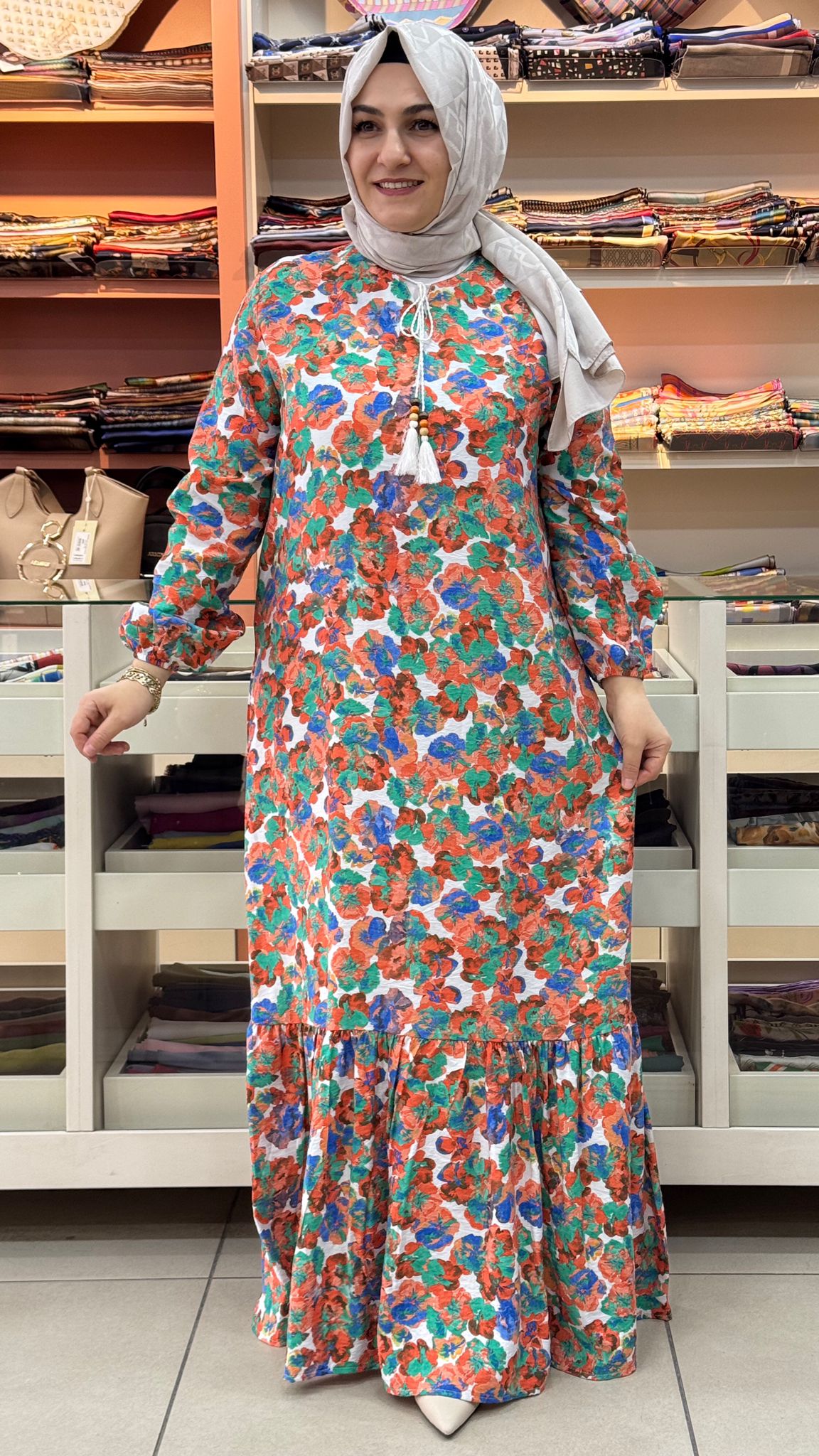 İnza Moda - Çiçek Desenli İpli Elbise Yeşil/5269 