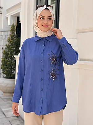 Janset - Çiçek Desenli Tunik Mavi / 3944 