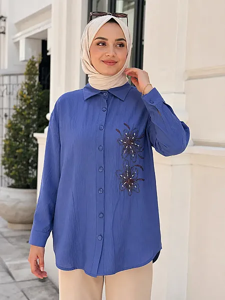 Çiçek Desenli Tunik Mavi / 3944 