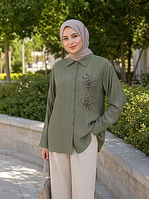 Janset - Çiçek Desenli Tunik Haki / 3944