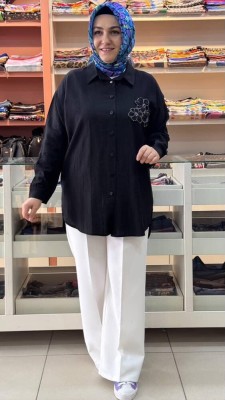  - Çiçek Detaylı Çilek Kumaş Gömlek Tunik Siyah/7458