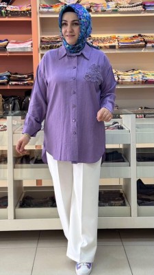  - Çiçek Detaylı Çilek Kumaş Gömlek Tunik Lila/7458