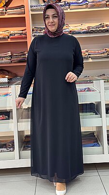 Önü Tüllü Elbise Siyah / 3129 - Thumbnail