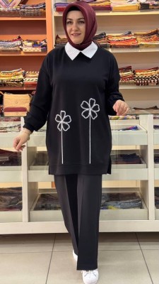 Aynaz - Çiçek Detaylı Gömlek Yaka Tunik Siyah/170235
