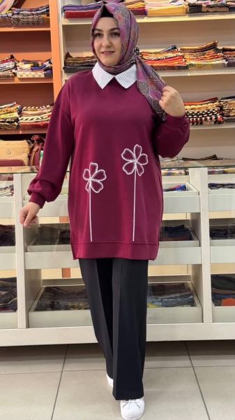 Çiçek Detaylı Gömlek Yaka Tunik Bordo/170235