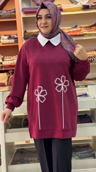 Çiçek Detaylı Gömlek Yaka Tunik Bordo/170235