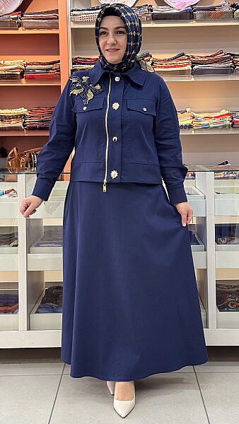 Çiçek Detaylı Kot Etekli Takım Lacivert/3149
