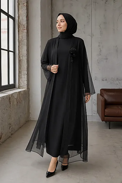Çiçek Detaylı Organze Abaya Siyah / 5262