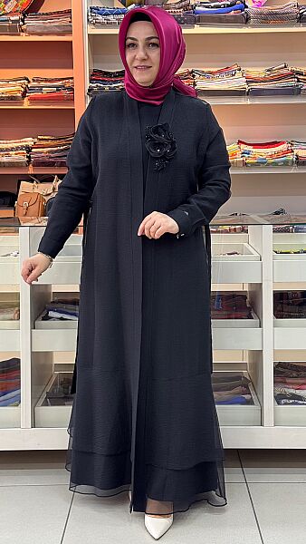 Çiçek Detaylı Organze Abaya Siyah / 5262