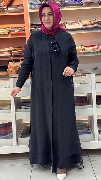 Çiçek Detaylı Organze Abaya Siyah / 5262