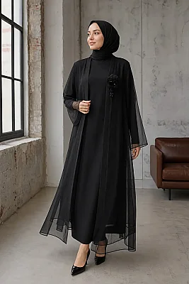 Gaze - Çiçek Detaylı Organze Abaya Siyah / 5262