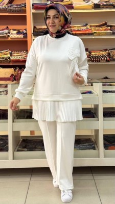  - Çiçek Detaylı Pantolonlu Takım Ekru/16020