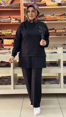  - Çiçek Detaylı Pantolonlu Takım Siyah/16020