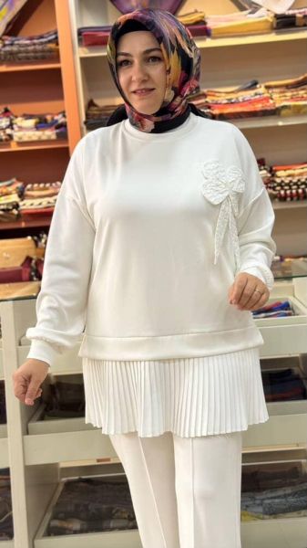 Çiçek Detaylı Pantolonlu Takım Ekru/16020