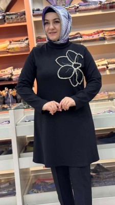 Çiçek Nakışlı Degaje Yaka Tunik Siyah/1625 - Thumbnail