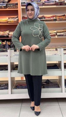 Çiçek Nakışlı Degaje Yaka Tunik Yeşil/1625 - Thumbnail