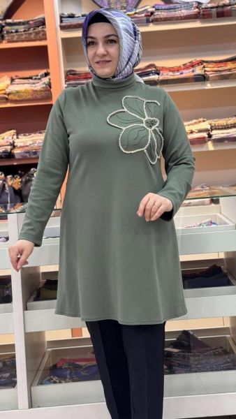 Çiçek Nakışlı Degaje Yaka Tunik Yeşil/1625