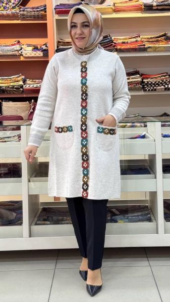 Çiçek Nakışlı Hırka Bej/9023