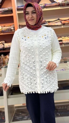 Çiçek Nakışlı Örme Hırka Ekru/5061 - Thumbnail