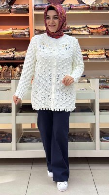 Çiçek Nakışlı Örme Hırka Ekru/5061 - 1