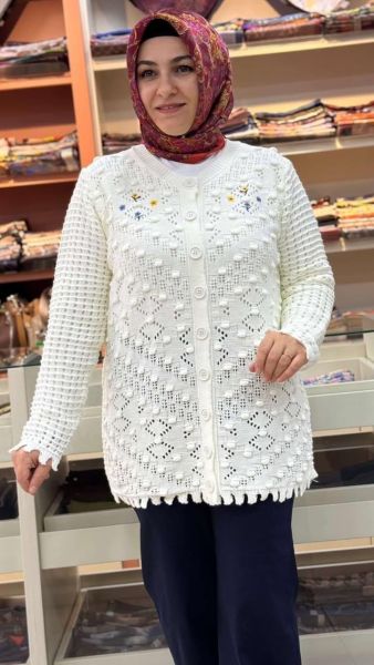 Çiçek Nakışlı Örme Hırka Ekru/5061 - 2