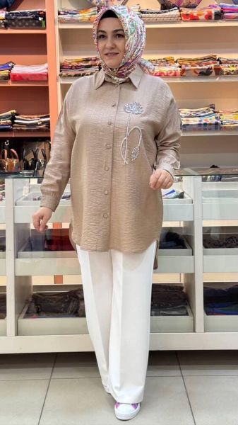 Çiçek Taş Detaylı Çilek Kumaş Gömlek Tunik Bej/7454