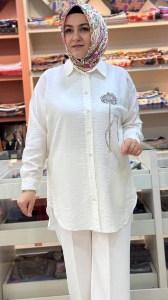 Çiçek Taş Detaylı Çilek Kumaş Gömlek Tunik Ekru/7454