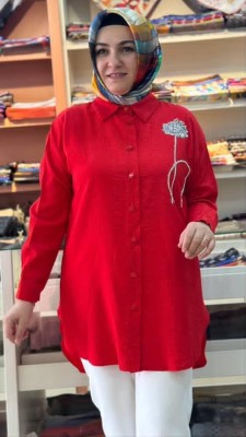 Çiçek Taş Detaylı Çilek Kumaş Gömlek Tunik Kırmızı/7454 - Thumbnail