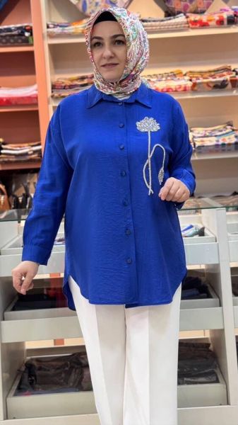 Çiçek Taş Detaylı Çilek Kumaş Gömlek Tunik Saks/7454